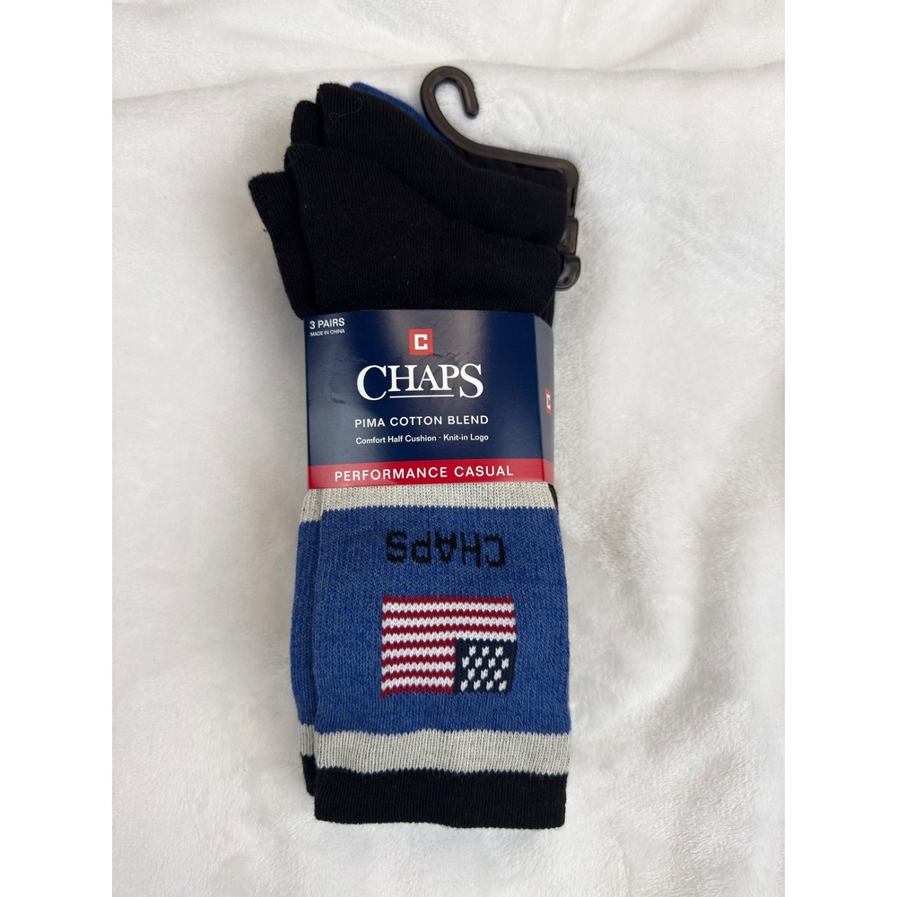 Chaps Mens 3 Pair Pima Cotton Blend Performance Casual Socks American Flag Black